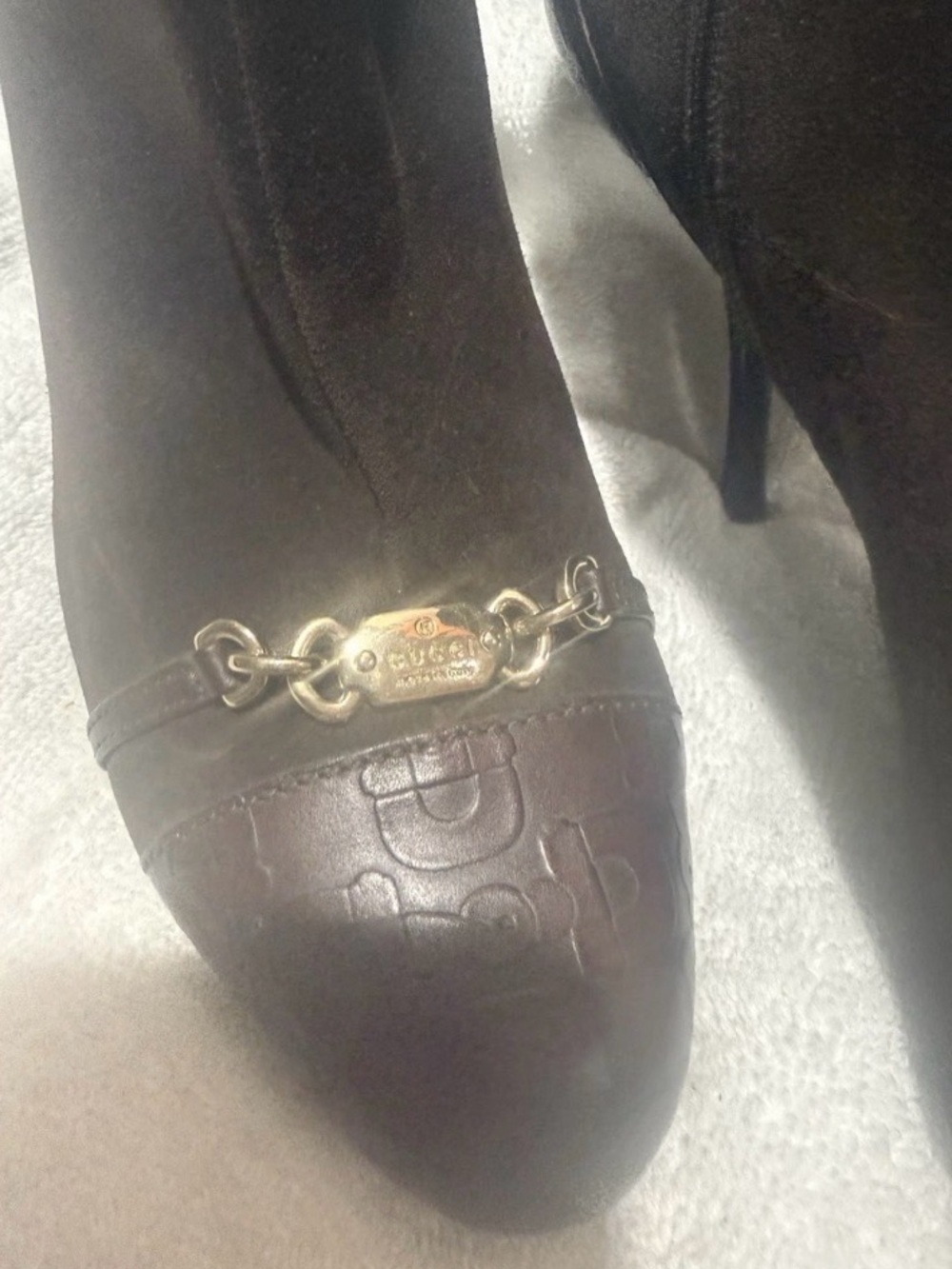 Gucci Brown Leather Ankle Bootie Stiletto Heel Almond Toe Zip Logo US 10B